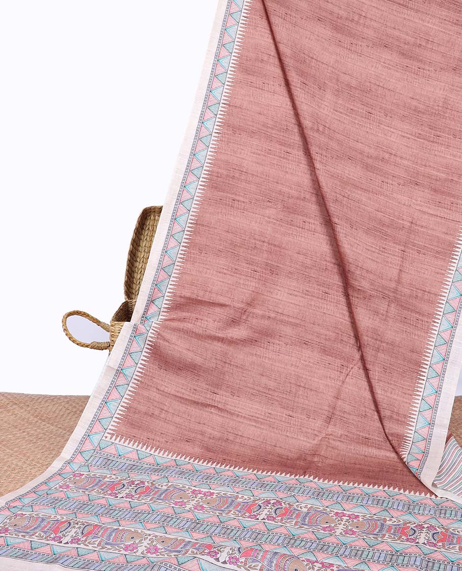 Green plain semi-banaras tussar saree, contrast vidarbha border & pallu of Madhubani print - Image 7