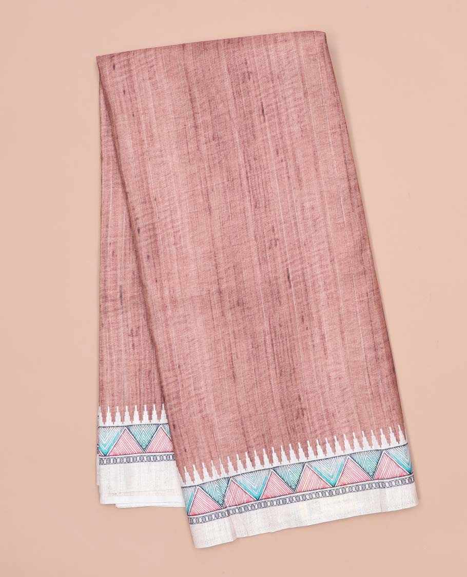 Green plain semi-banaras tussar saree, contrast vidarbha border & pallu of Madhubani print - Image 8