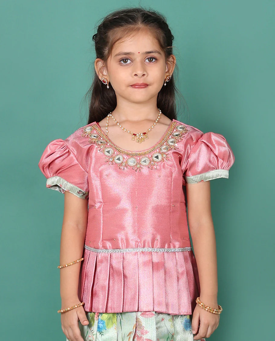 Green readymade art silk pavadai, floral print & contrast traditional zari border skirt, & embroidered puff-sleeve round-neck blouse - Image 3