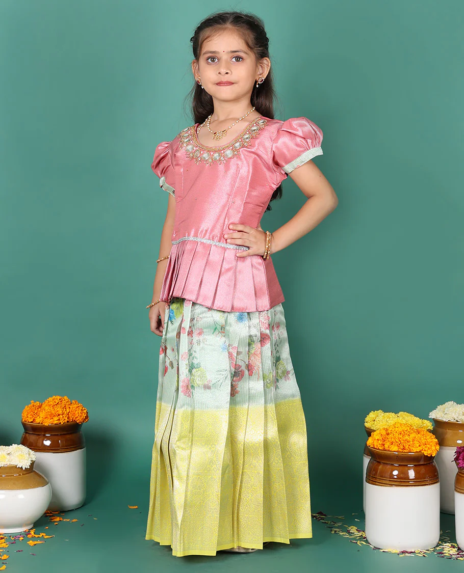 Green readymade art silk pavadai, floral print & contrast traditional zari border skirt, & embroidered puff-sleeve round-neck blouse - Image 4