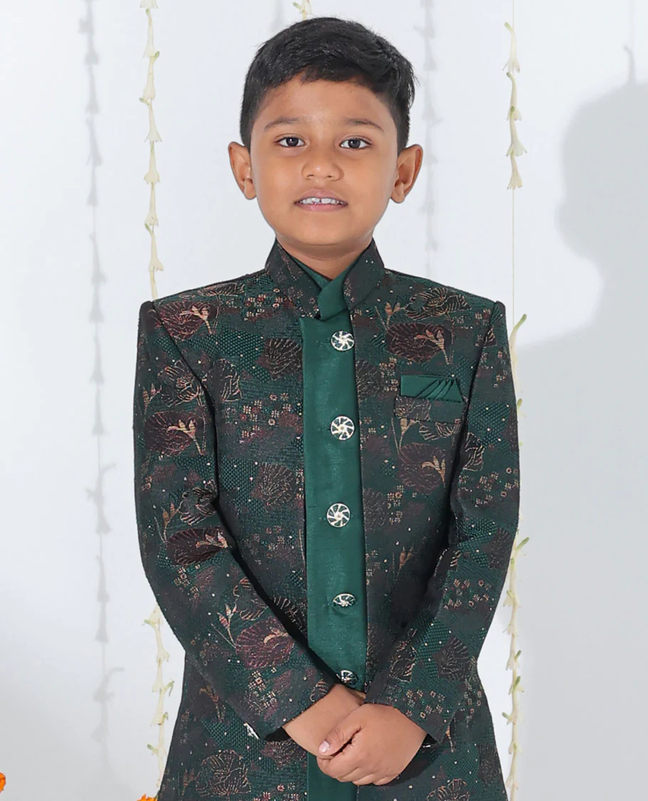 Green sherwani set with solid kurta, floral printed & glitter work coat with matching pants - Image 3
