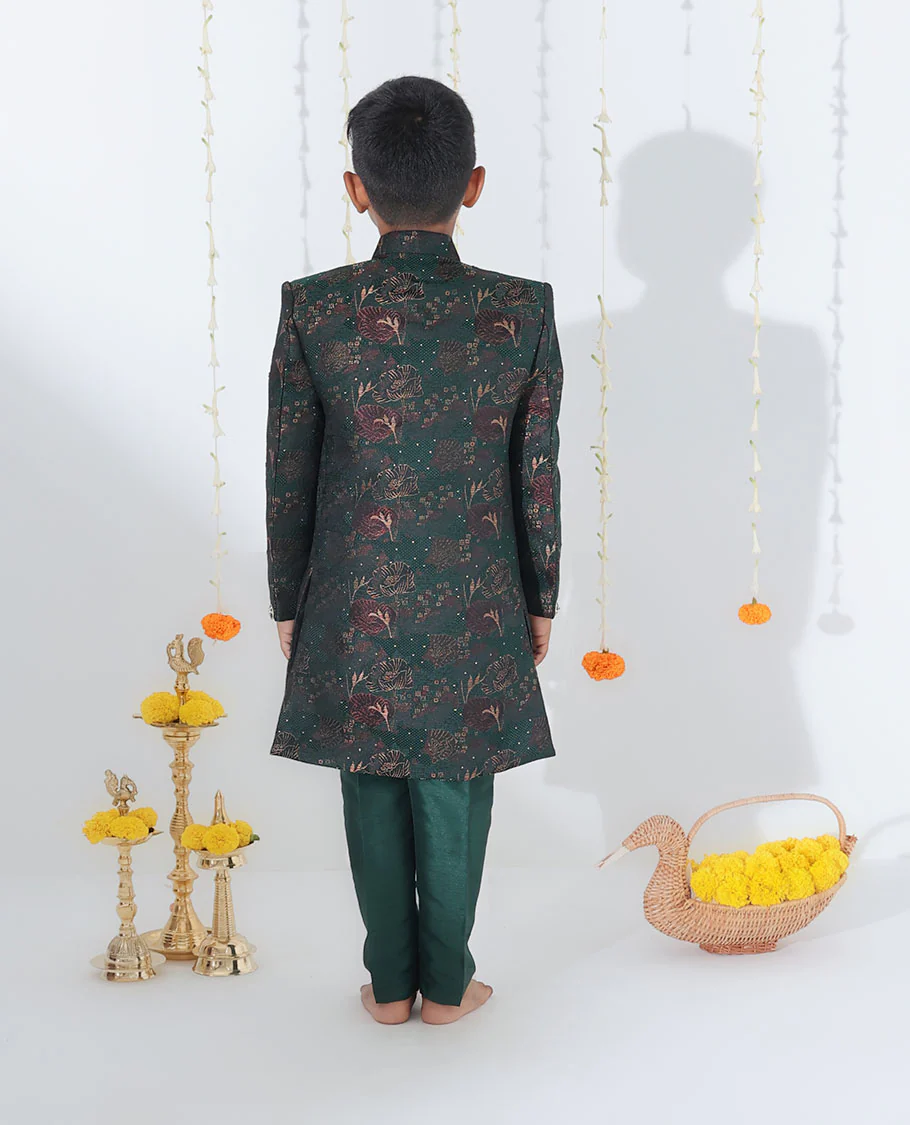 Green sherwani set with solid kurta, floral printed & glitter work coat with matching pants - Image 4