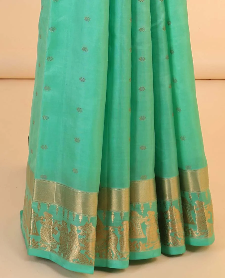 Green Vasundhara silk saree with zari buttas, zari-rich manga design pallu & zari border of wedding-theme motifs weave - Image 4