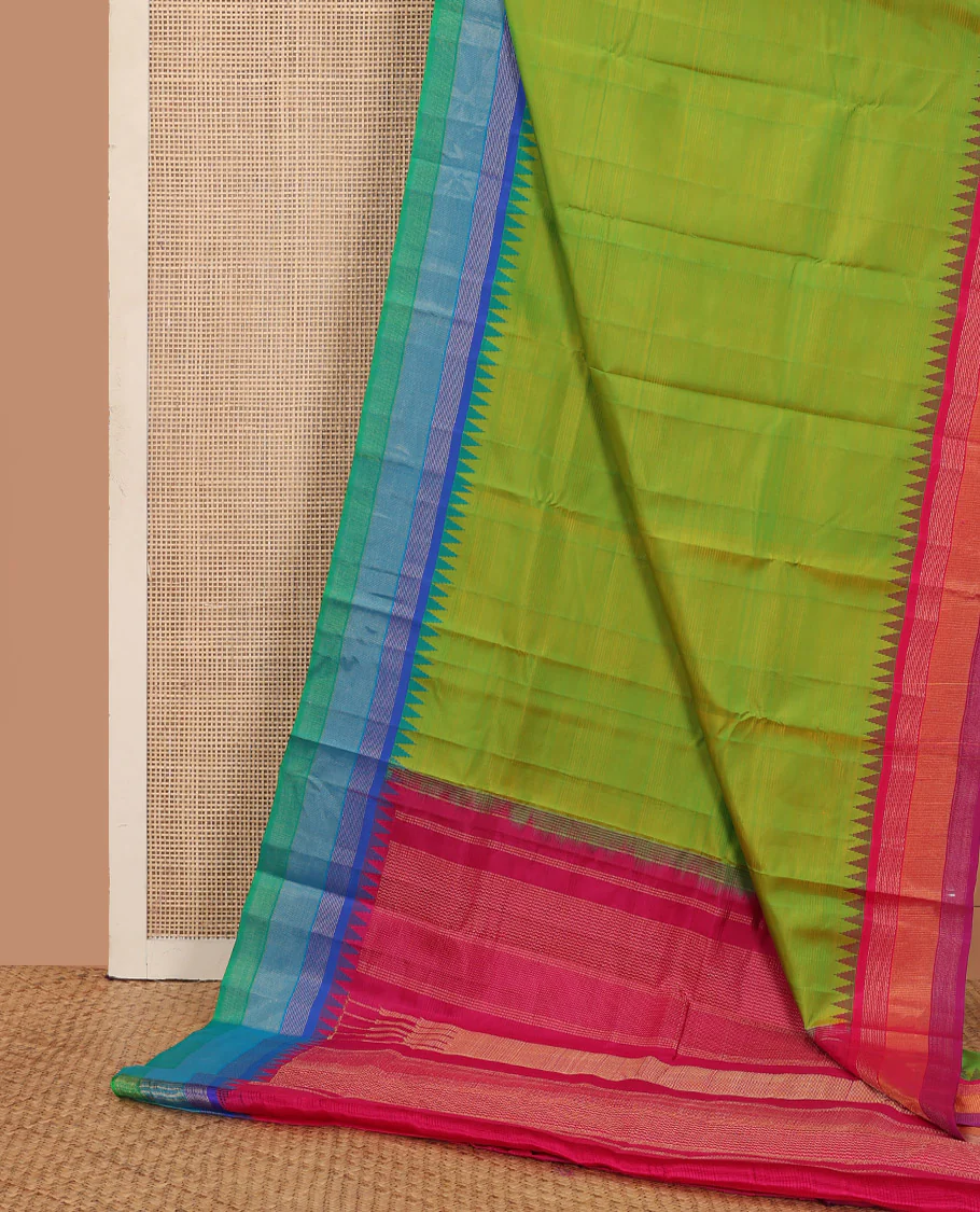 Green striped Bangalore silk saree, contrast ganga jamuna temple border, and temple design pallu - Image 3