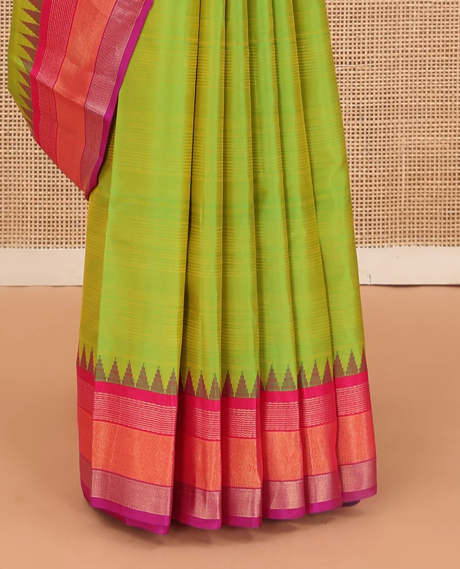 Green striped Bangalore silk saree, contrast ganga jamuna temple border, and temple design pallu - Image 5