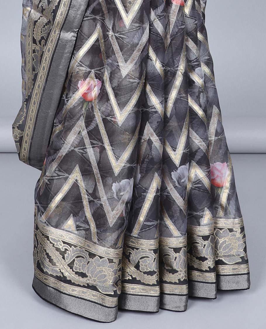 Grey abstract floral printed & chevron striped casual wear saree, floral creeper border & floral design pallu - Image 3