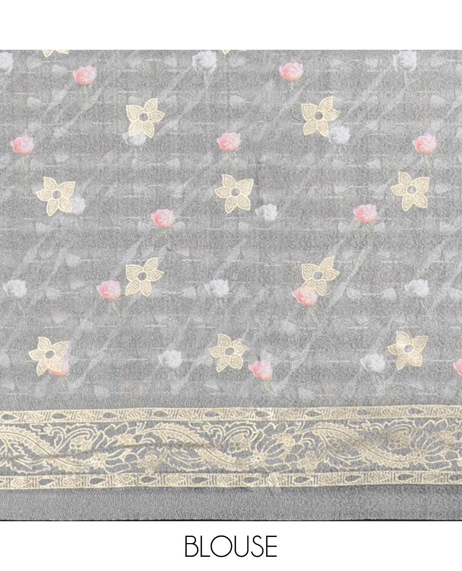 Grey abstract floral printed & chevron striped casual wear saree, floral creeper border & floral design pallu - Image 4