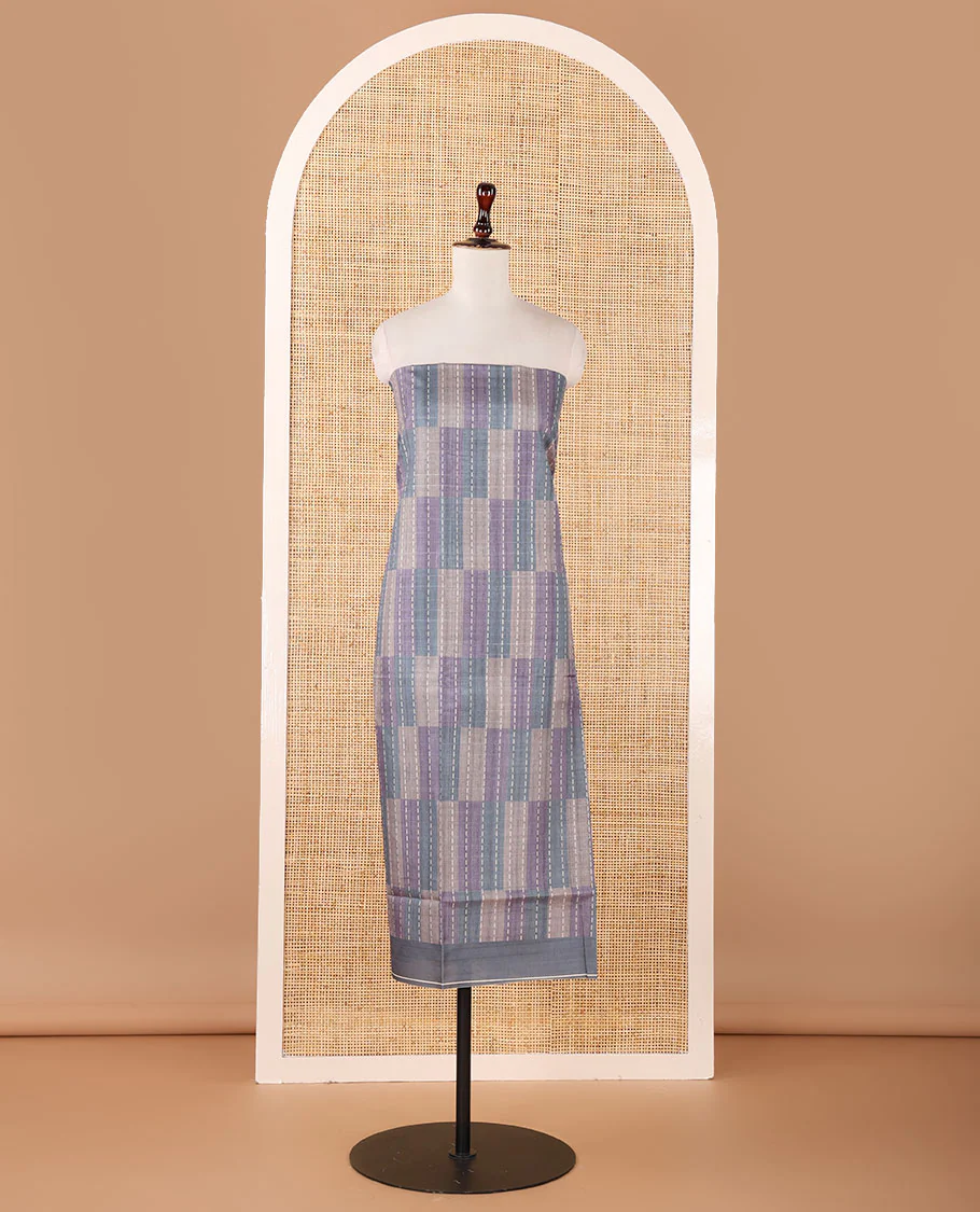 Grey semi-tussar material chudidar set,geometric & kantha print top,heathered plain bottom & dupatta of geometric & floral print - Image 3