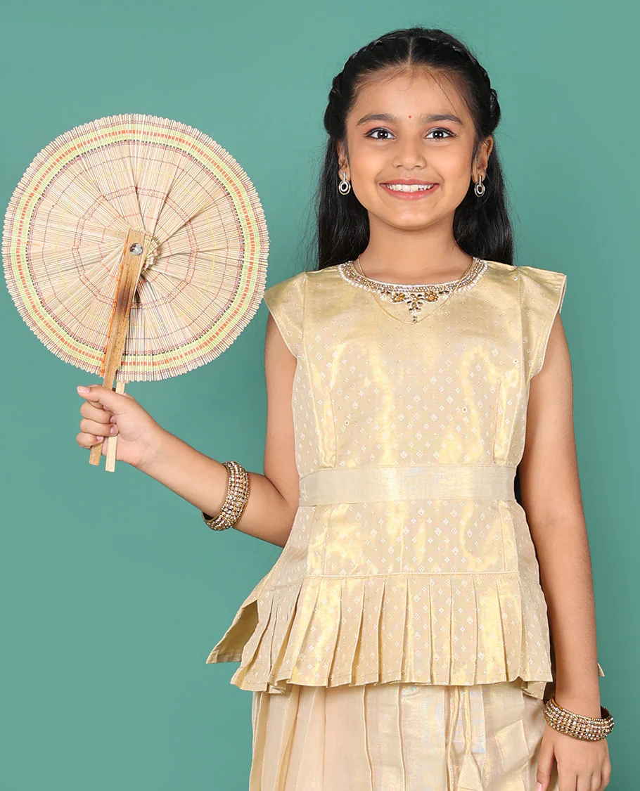Kerala cream readymade art silk pavadai, zari border skirt & jacquard embroidered round neck sleeveless blouse - Image 3
