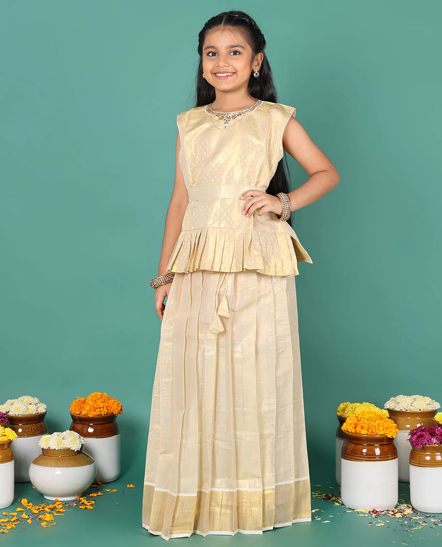 Kerala cream readymade art silk pavadai, zari border skirt & jacquard embroidered round neck sleeveless blouse - Image 4