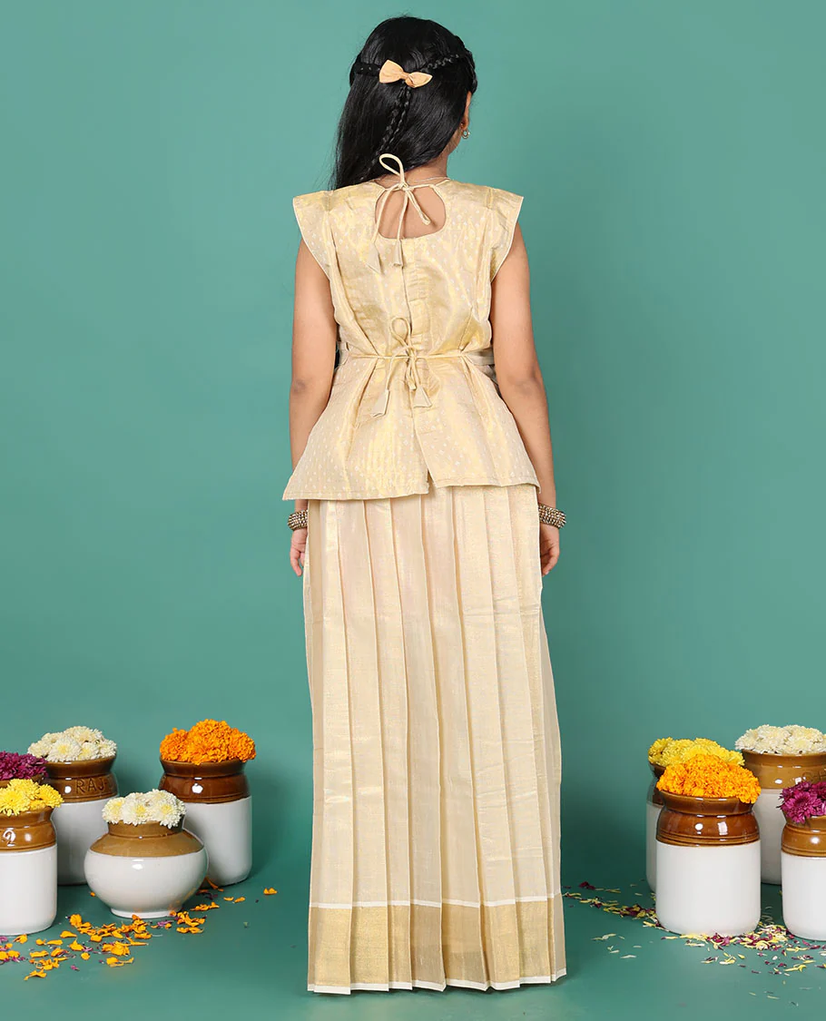 Kerala cream readymade art silk pavadai, zari border skirt & jacquard embroidered round neck sleeveless blouse - Image 5