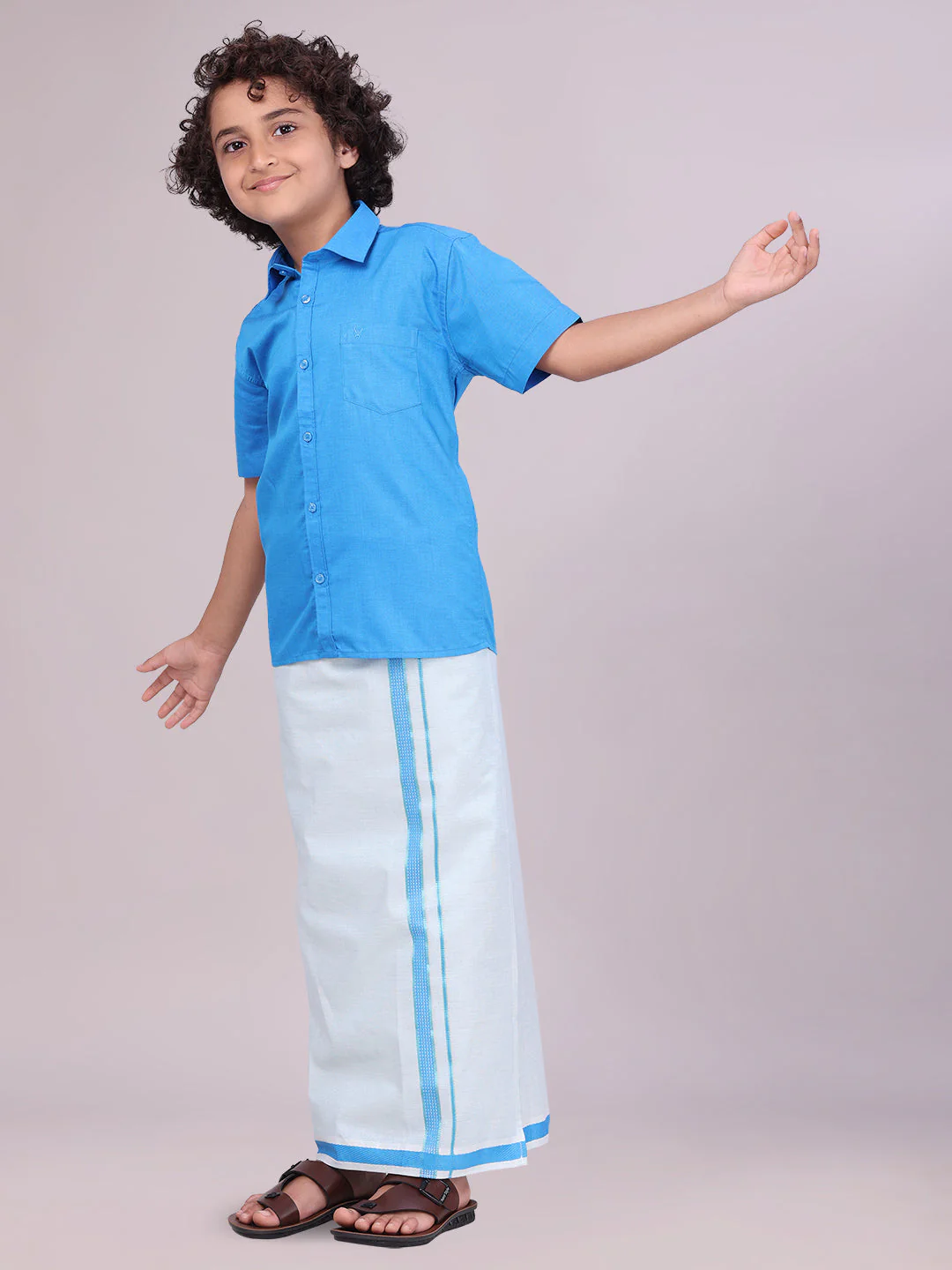 Kids Cotton Blue Shirt with Tissue Matching Border Dhoti Combo Skillful Boy - Image 3