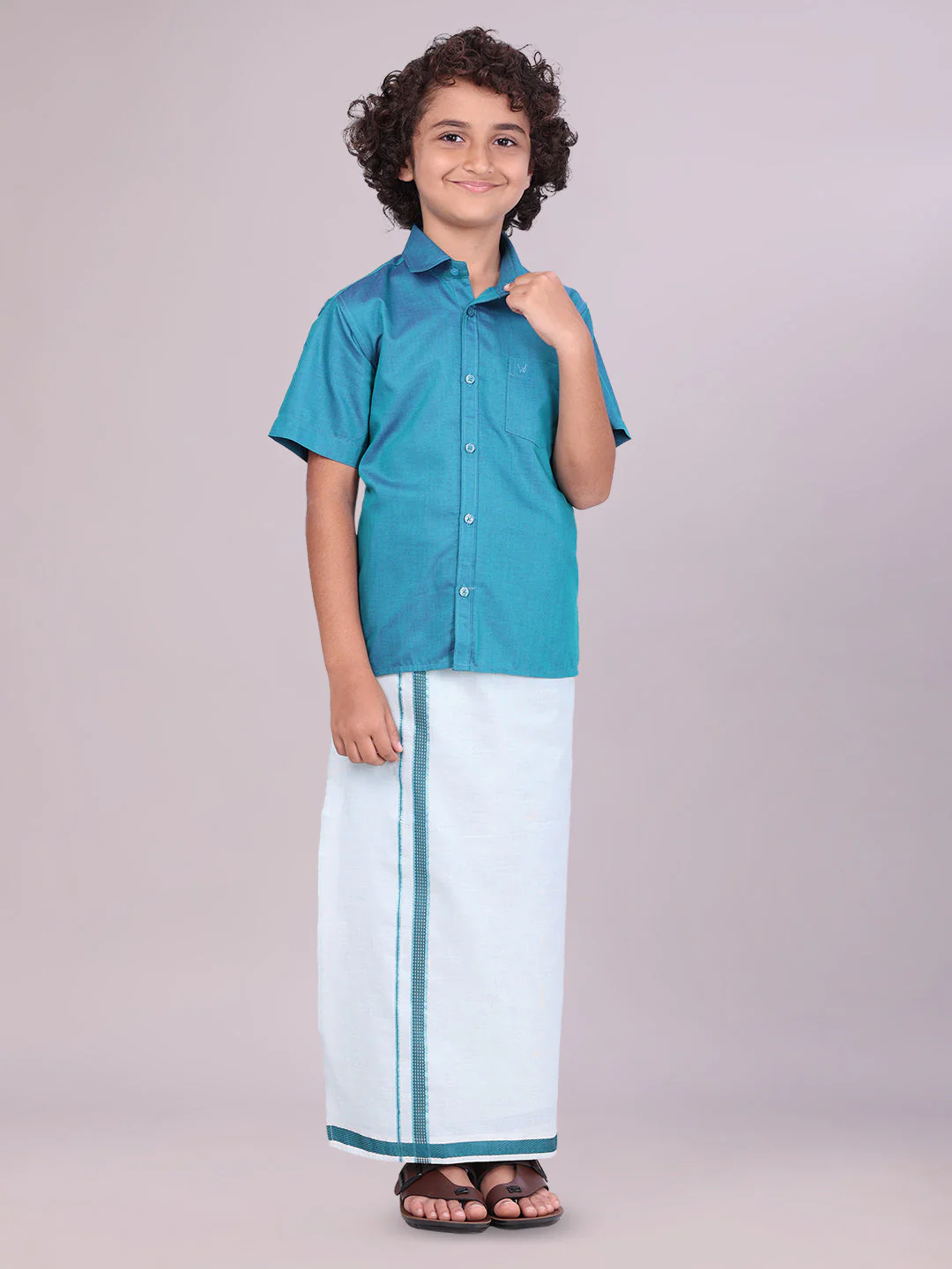 Kids Cotton Green Shirt with Tissue Matching Border Dhoti Combo Skillful Boy - Image 3
