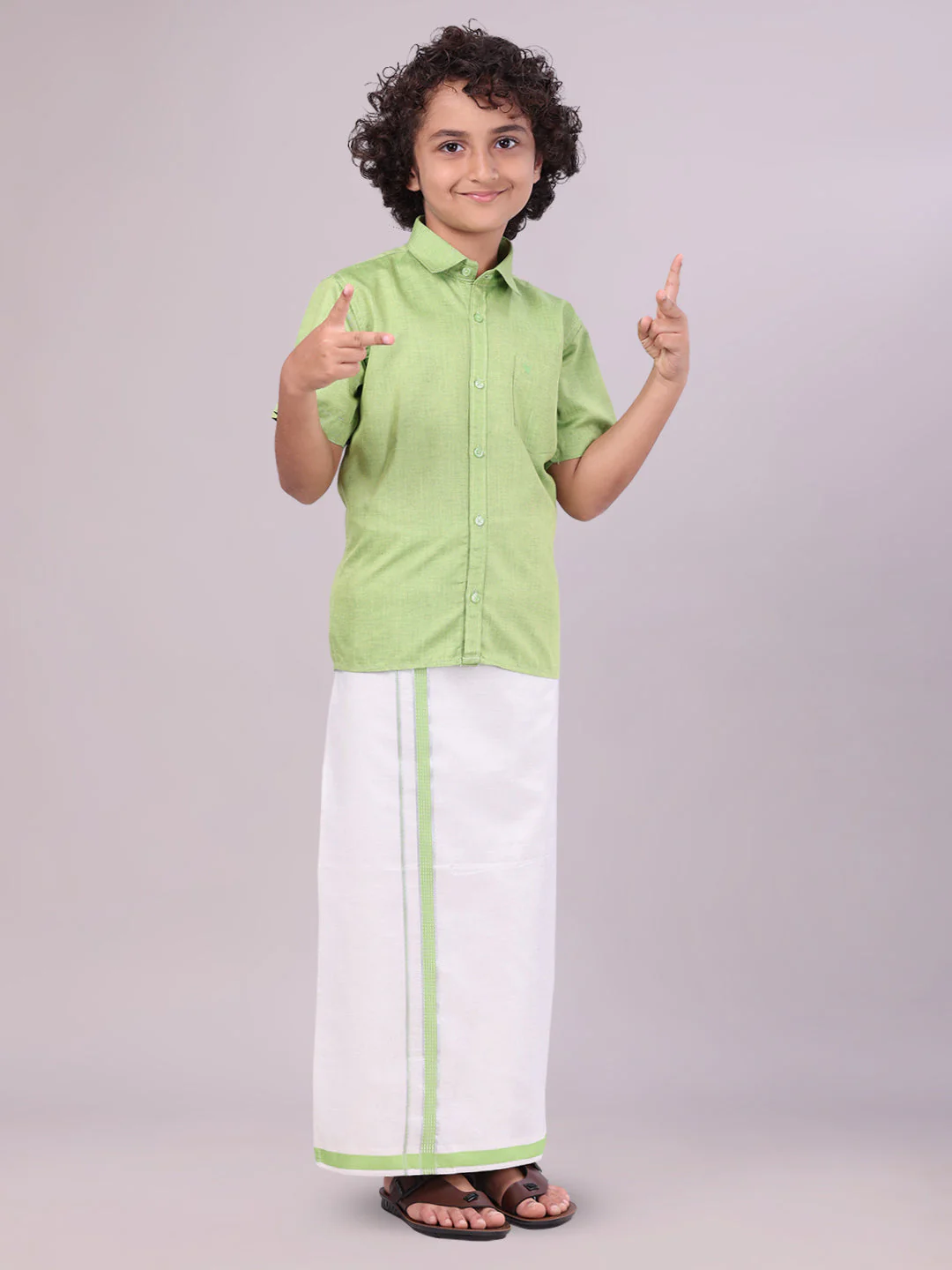 Kids Cotton Light Green Shirt with Tissue Matching Border Dhoti Combo Skillful Boy - Image 3