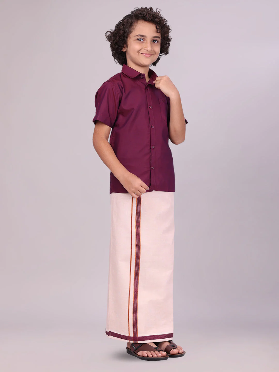 Kids Cotton Maroon Shirt with Tissue Matching Border Dhoti Combo Skillful Boy - Image 3