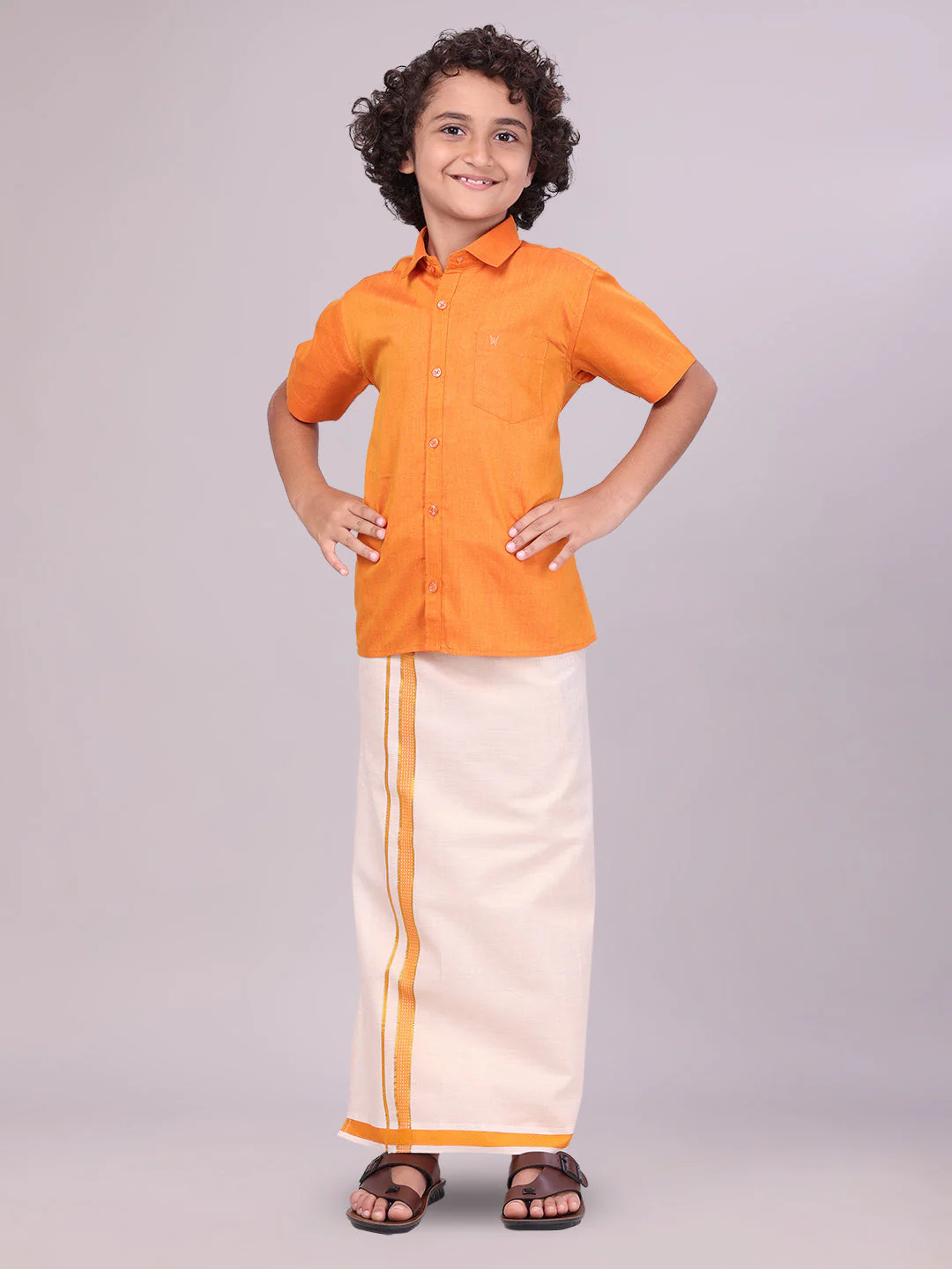 Kids Cotton Orange Shirt with Tissue Matching Border Dhoti Combo Skillful Boy - Image 3
