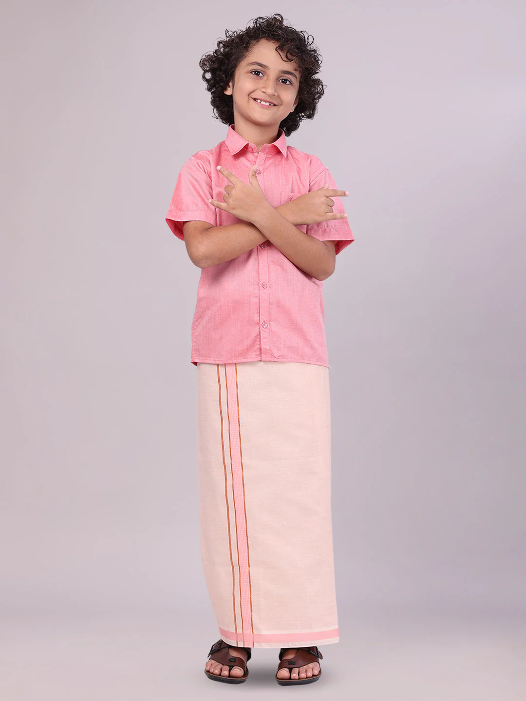 Kids Cotton Pink Shirt with Tissue Matching Border Dhoti Combo Skillful Boy - Image 3