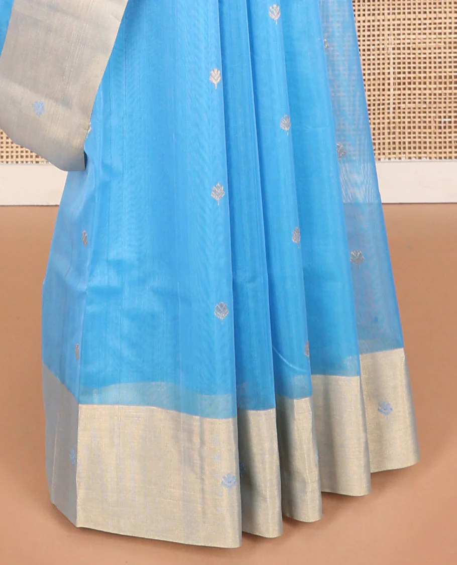 Light blue motifs chanderi cotton saree with contrast zari border & striped pallu - Image 4