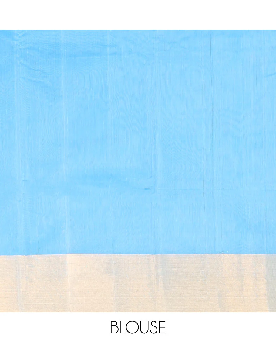 Light blue motifs chanderi cotton saree with contrast zari border & striped pallu - Image 5