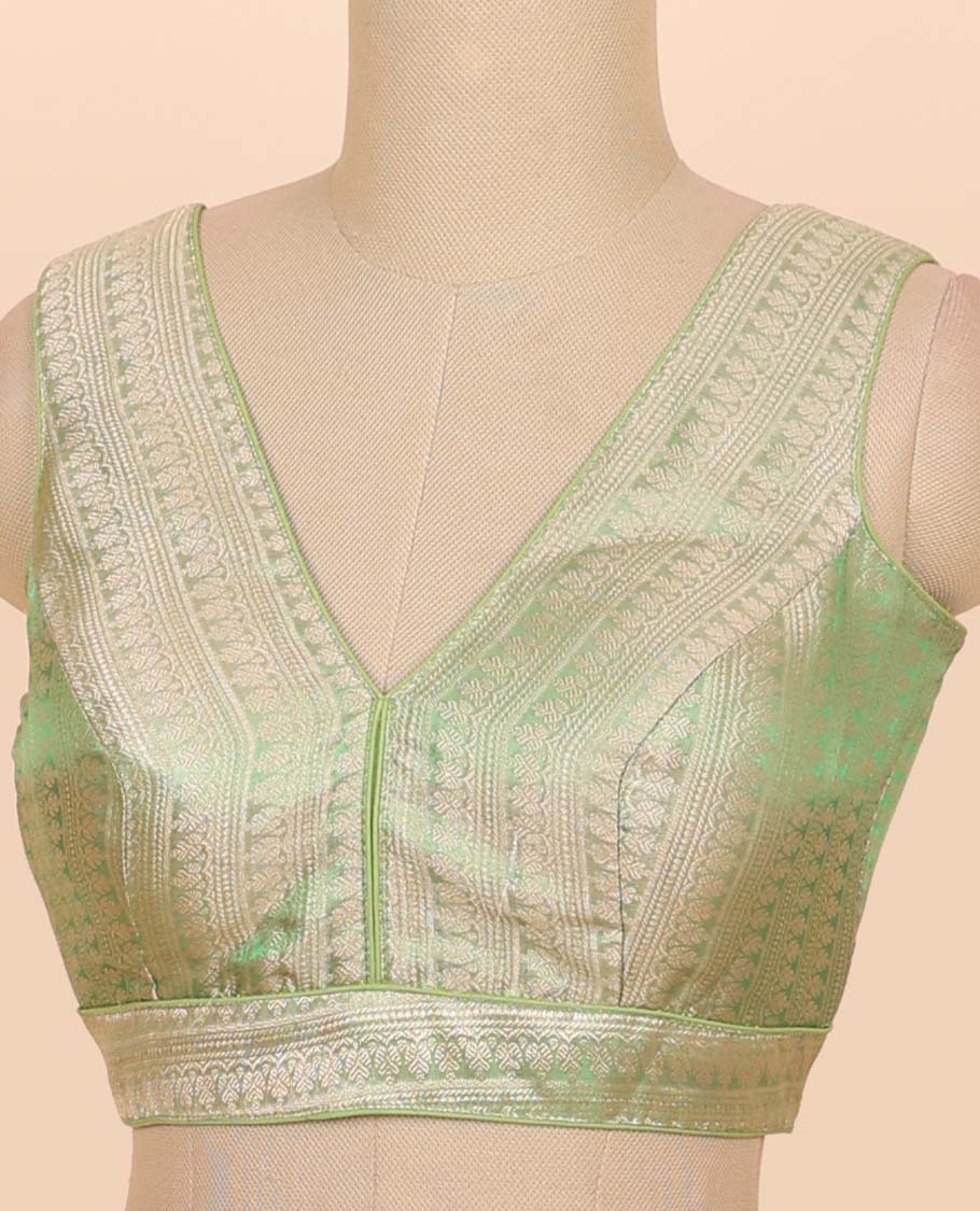 Light green floral zari design front & back deep v-neck raw-silk readymade sleeveless blouse - Image 3
