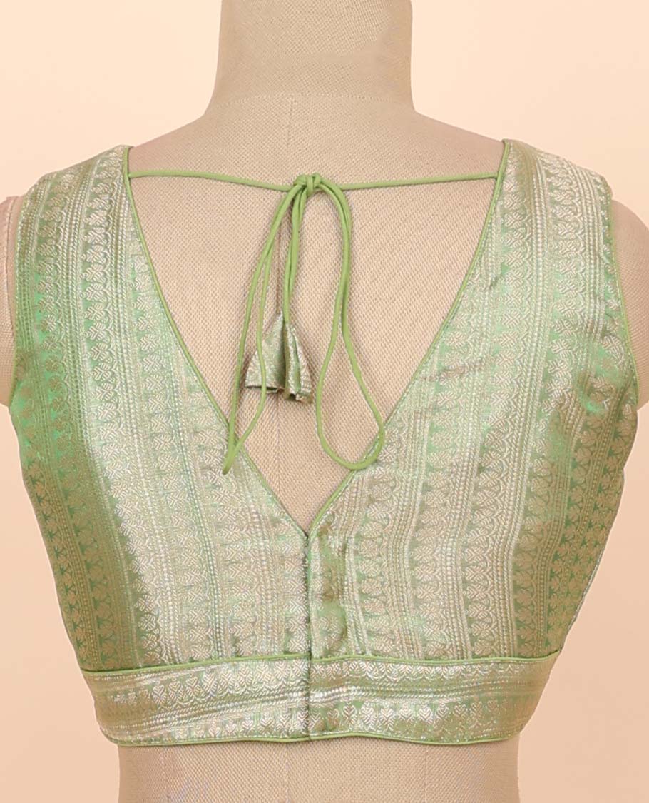 Light green floral zari design front & back deep v-neck raw-silk readymade sleeveless blouse - Image 4