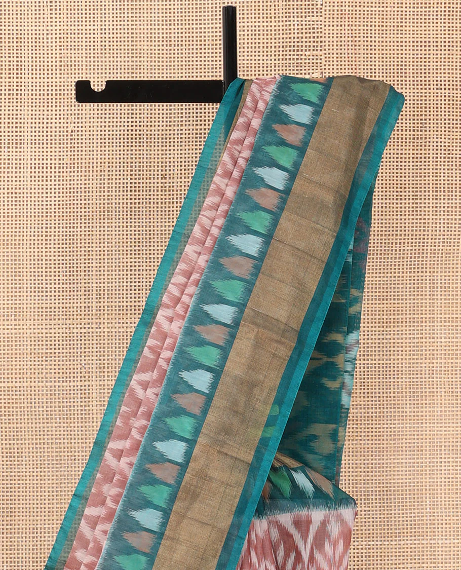 Light rosewood pink ikkat chevron design silk cotton saree, contrast bavanji border and pallu of ikkat weave - Image 3