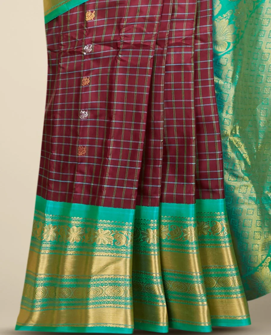 Maroon gadwal checked silksaree with mayil chakra buttas, contrast zari border & pallu of paisley, floral & argyle style - Image 4