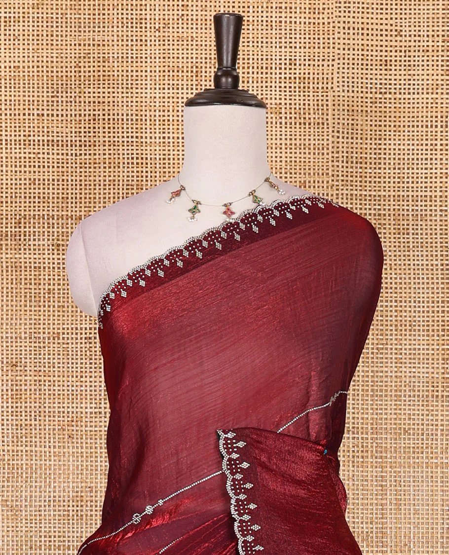 Maroon micro stonework Fendi chiffon saree, scallop micro stonework border, stonework paisley pallu, and matching micro stone work blouse - Image 3