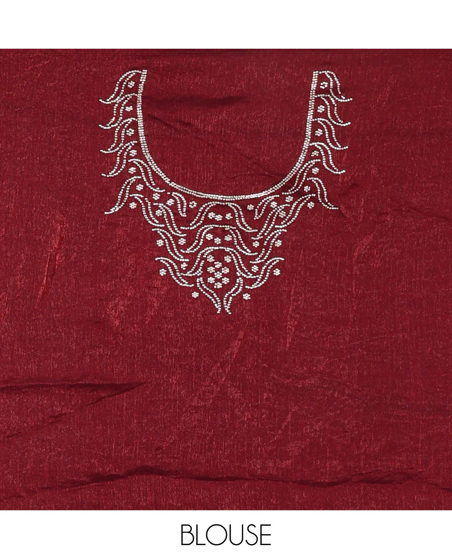 Maroon micro stonework Fendi chiffon saree, scallop micro stonework border, stonework paisley pallu, and matching micro stone work blouse - Image 4