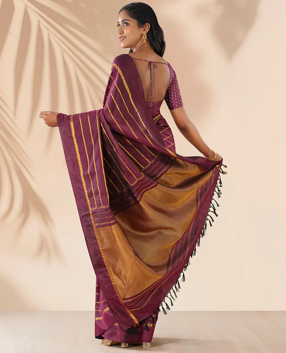 Maroon striped pure silk saree with self plain border & striped pallu - Image 3