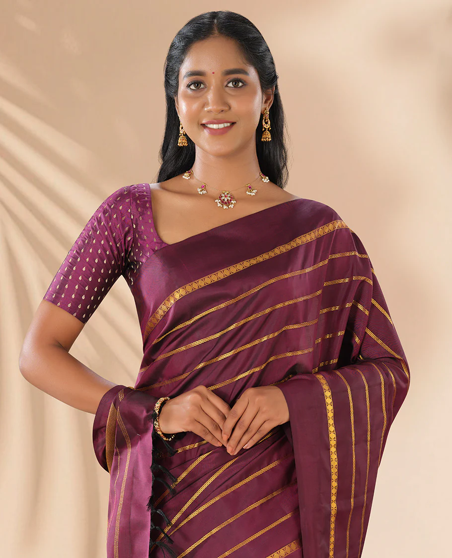 Maroon striped pure silk saree with self plain border & striped pallu - Image 4