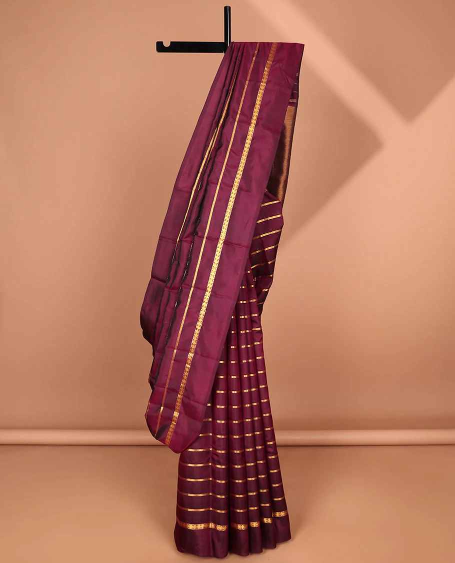 Maroon striped pure silk saree with self plain border & striped pallu - Image 5