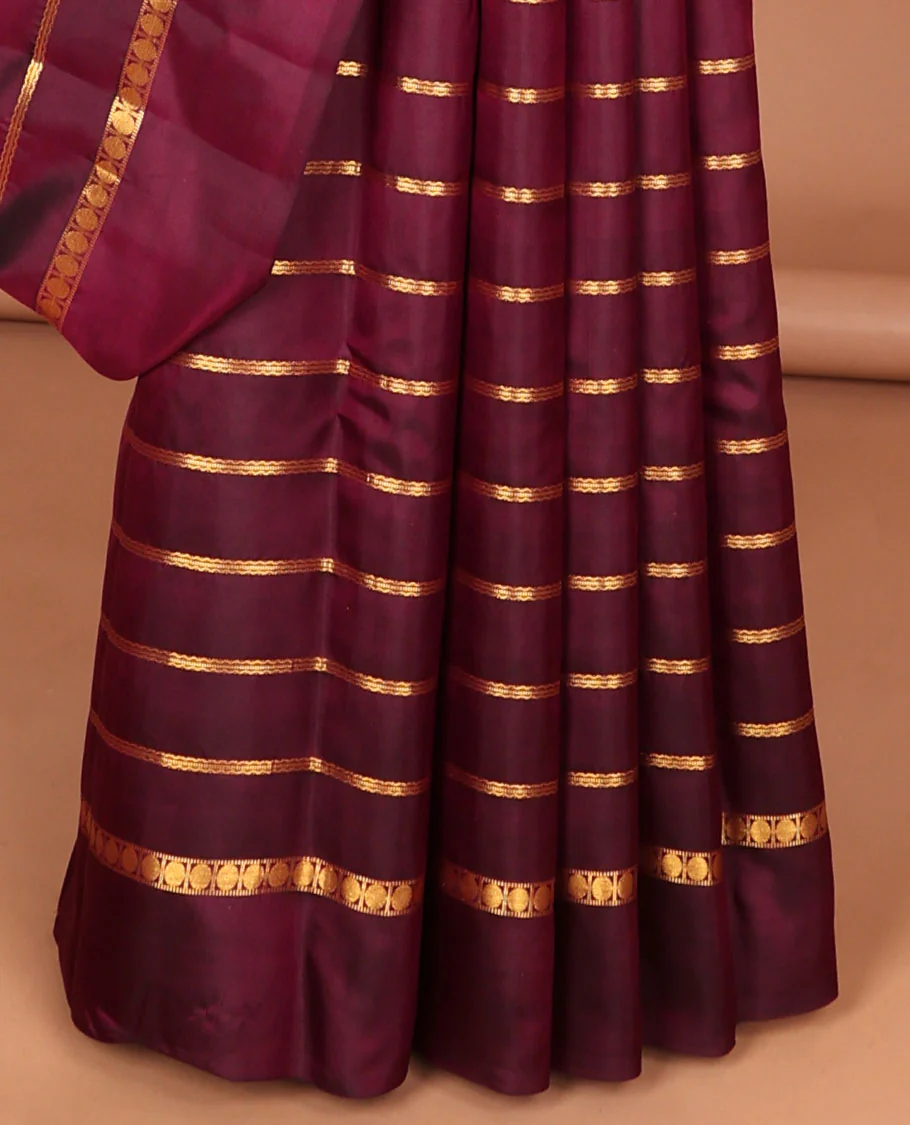 Maroon striped pure silk saree with self plain border & striped pallu - Image 8