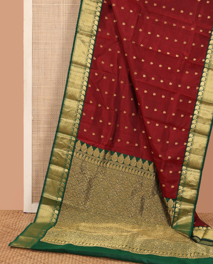 Maroon zari buttas Bangalore silk saree, contrast traditional zari border, and floral jaal pallu - Image 3