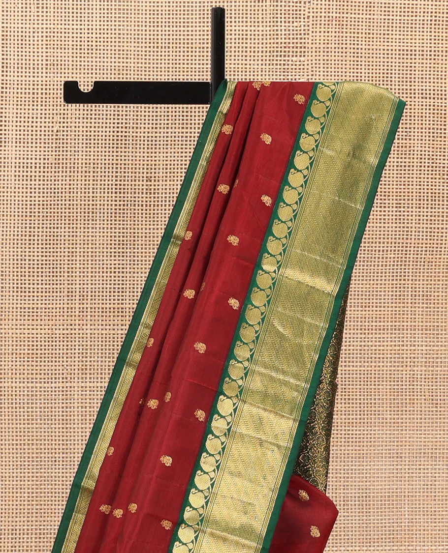 Maroon zari buttas Bangalore silk saree, contrast traditional zari border, and floral jaal pallu - Image 4