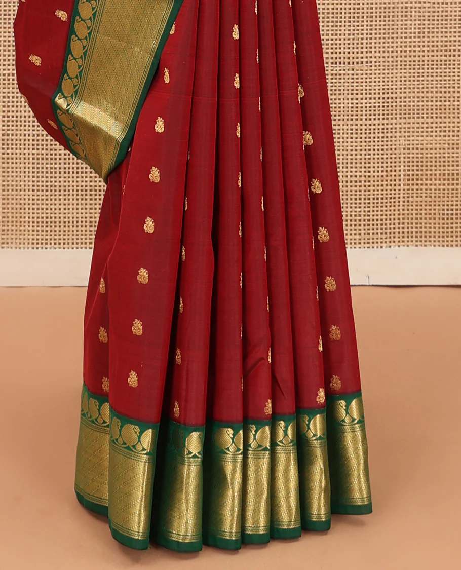 Maroon zari buttas Bangalore silk saree, contrast traditional zari border, and floral jaal pallu - Image 5