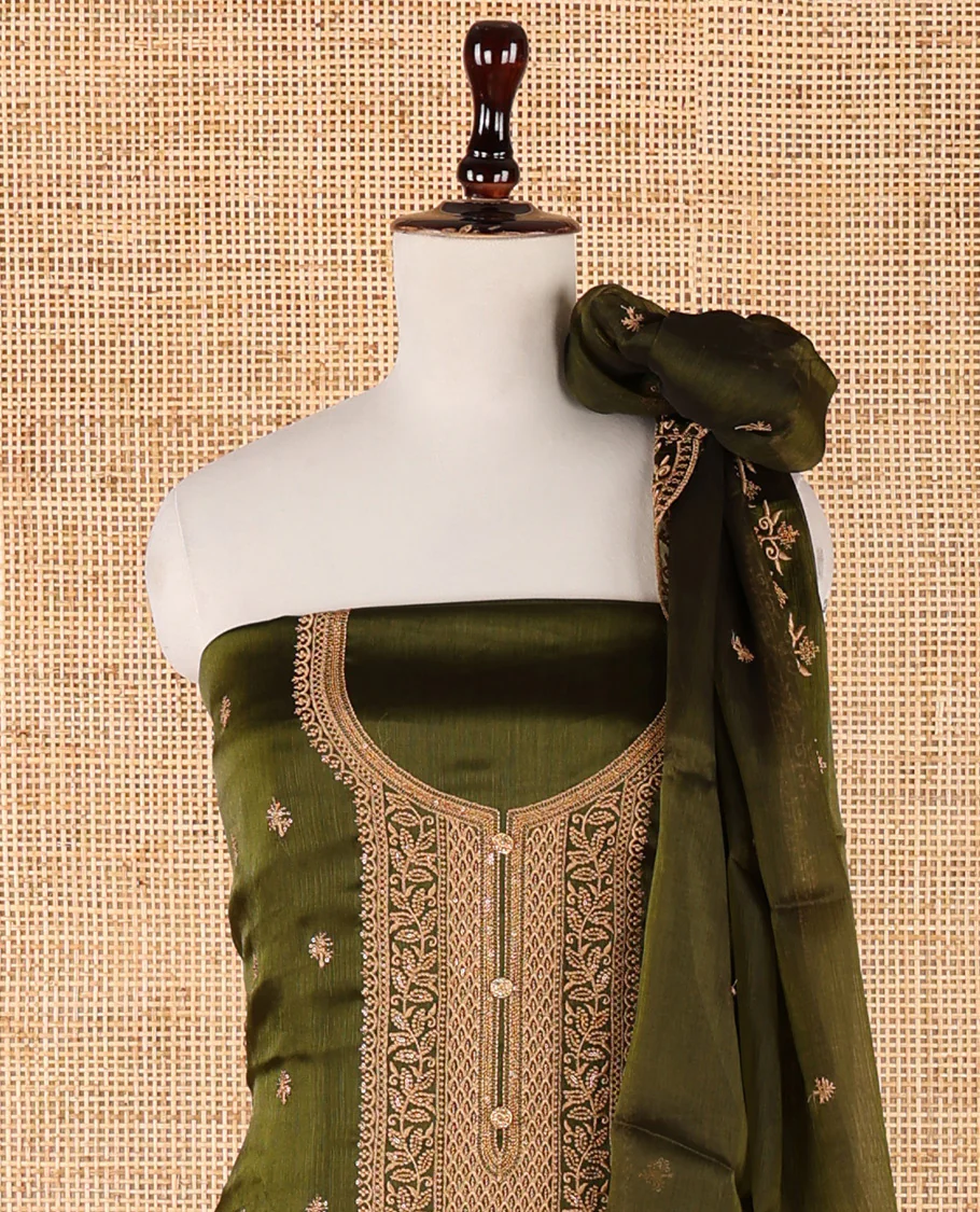Mehendi green chudidar material set, floral design thread embroidered Burberry top, floral-themed embroidered Burberry dupatta & plain Santoon bottom - Image 3