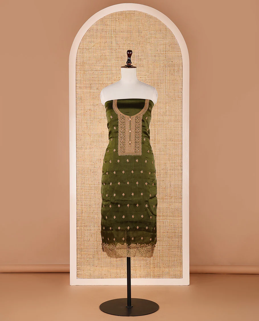 Mehendi green chudidar material set, floral design thread embroidered Burberry top, floral-themed embroidered Burberry dupatta & plain Santoon bottom - Image 4