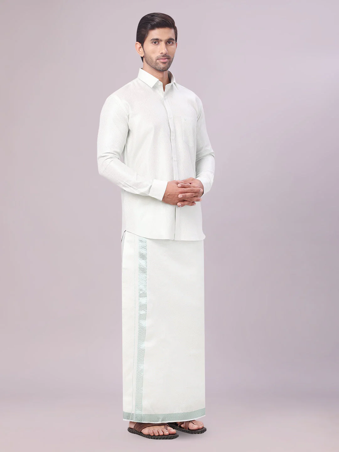 Mens Sky Green Tissue Jacquard Shirt with Matching Dhoti Combo Zeus - Image 3