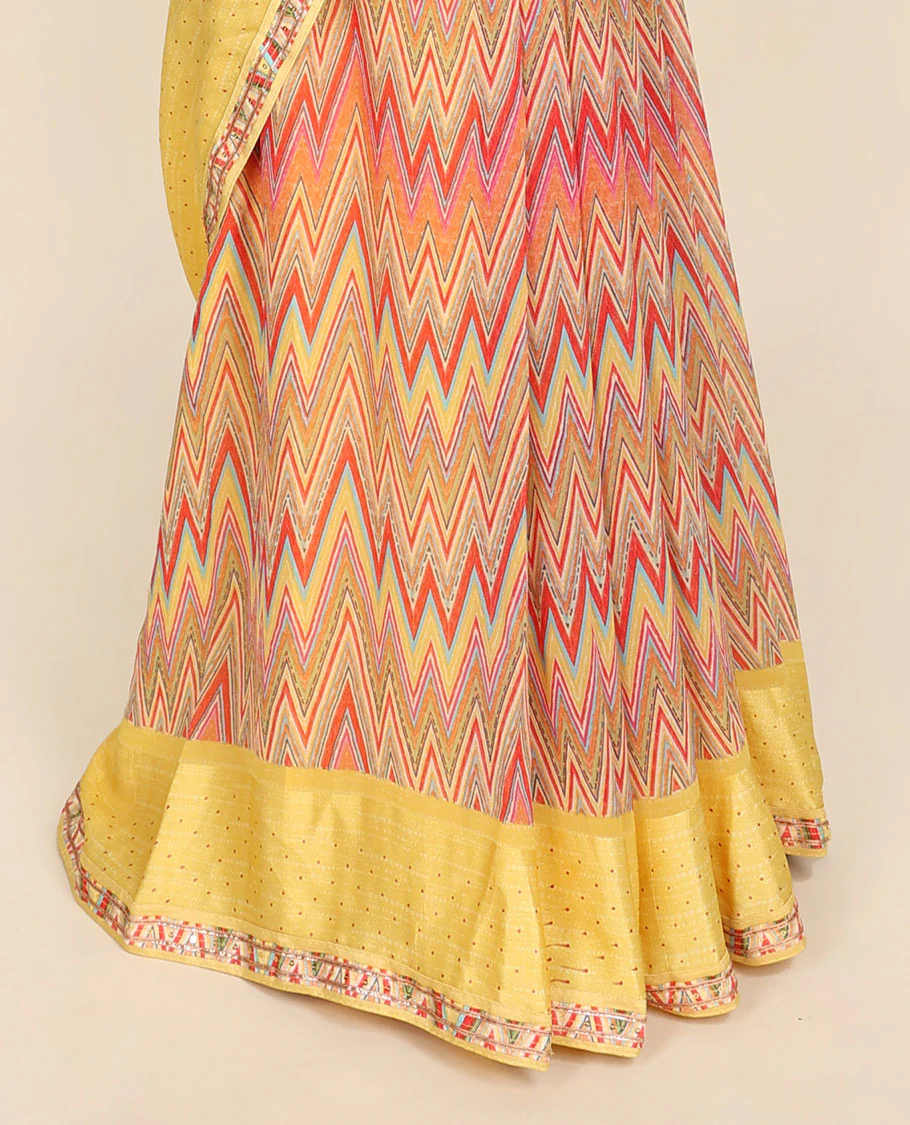 Multi-color chevron designs printed casual wear saree, contrast border of geometric patterns - Image 3