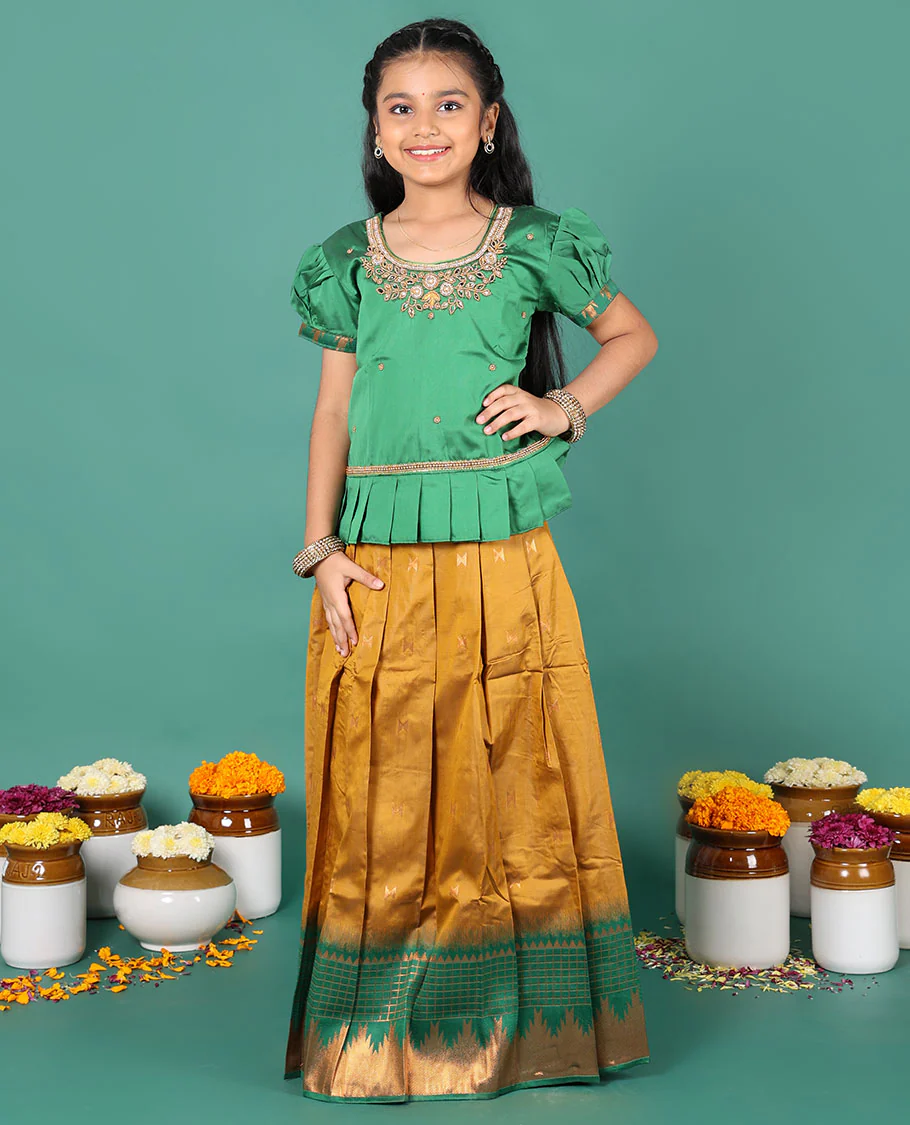Mustard readymade art silk pavadai, zari buttas & contrast traditional zari border skirt & embroidered puff-sleeve round-neck blouse - Image 3