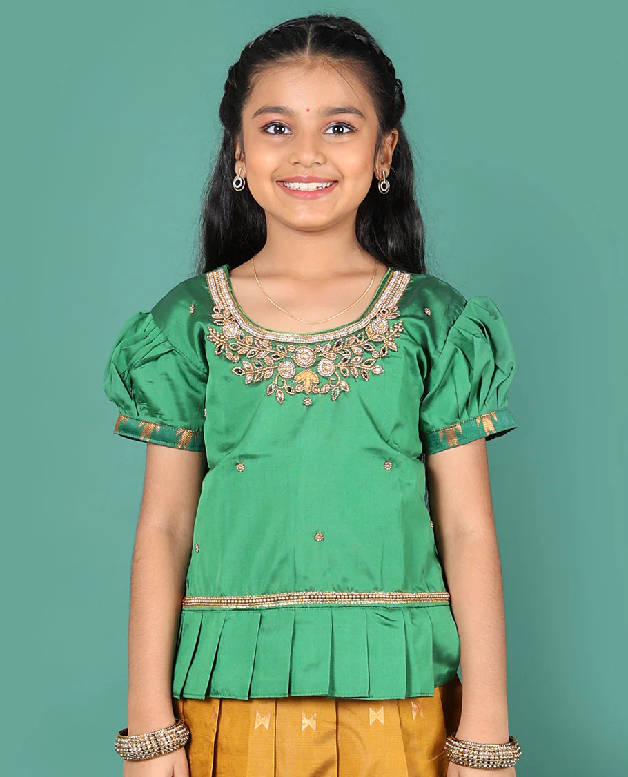 Mustard readymade art silk pavadai, zari buttas & contrast traditional zari border skirt & embroidered puff-sleeve round-neck blouse - Image 4