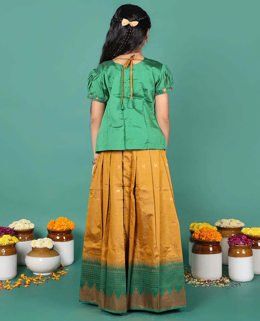 Mustard readymade art silk pavadai, zari buttas & contrast traditional zari border skirt & embroidered puff-sleeve round-neck blouse - Image 5