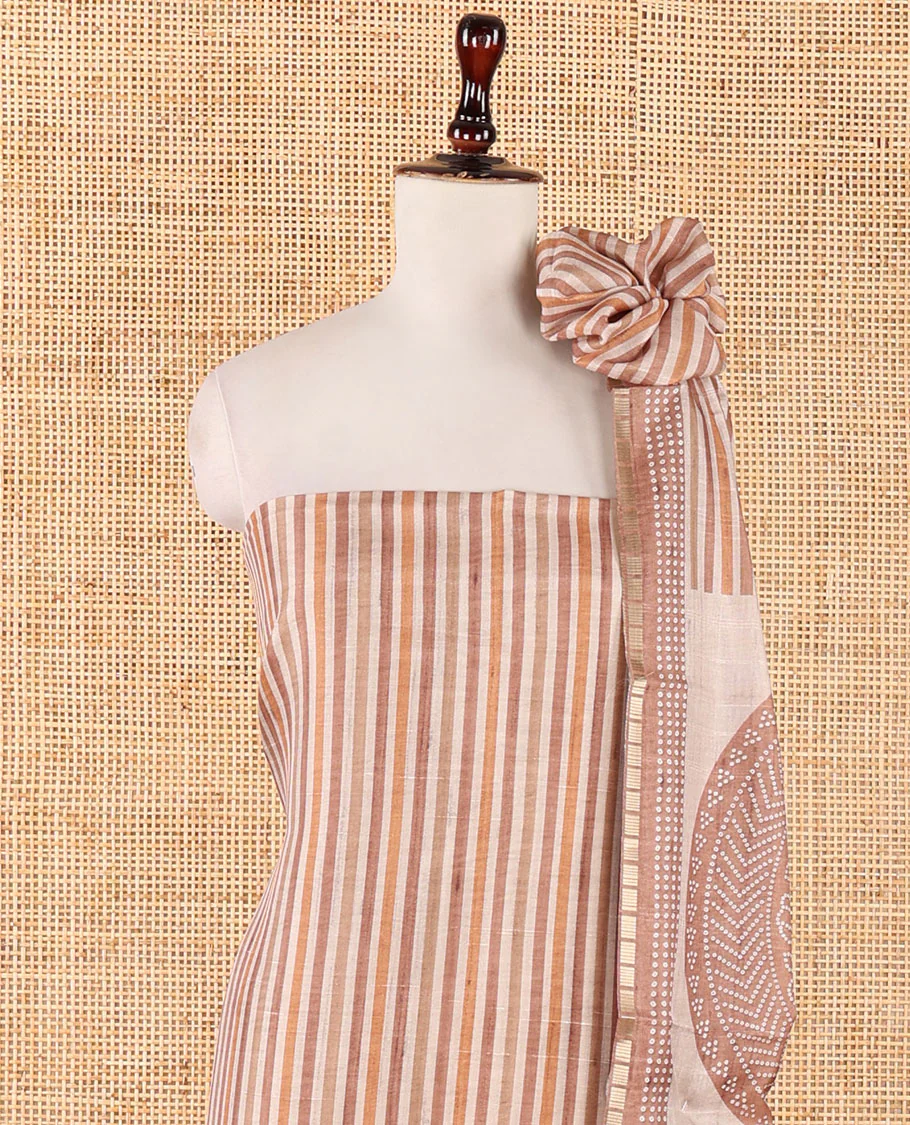 Mustard semi-tussar material chudidar set, stripes & bandhani-style dotted motifs printed top & dupatta with heathered bottom - Image 3