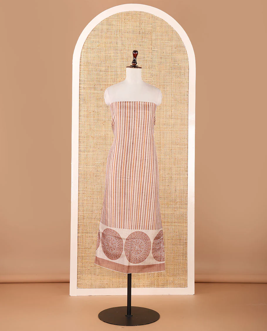 Mustard semi-tussar material chudidar set, stripes & bandhani-style dotted motifs printed top & dupatta with heathered bottom - Image 4