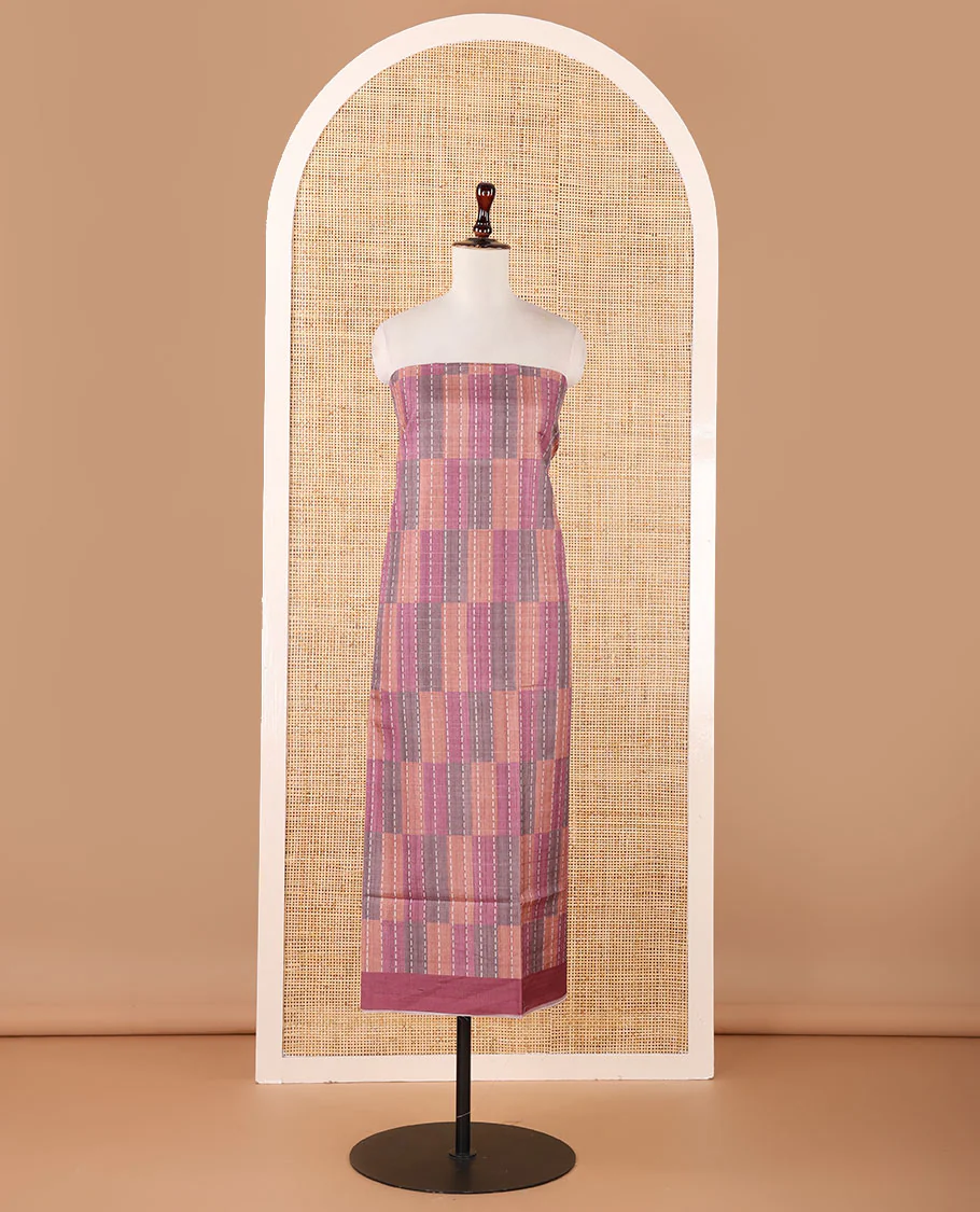 Onion pink semi-tussar material chudidar set,geometric & kantha print top,heathered plain bottom & dupatta of geometric & floral print - Image 3