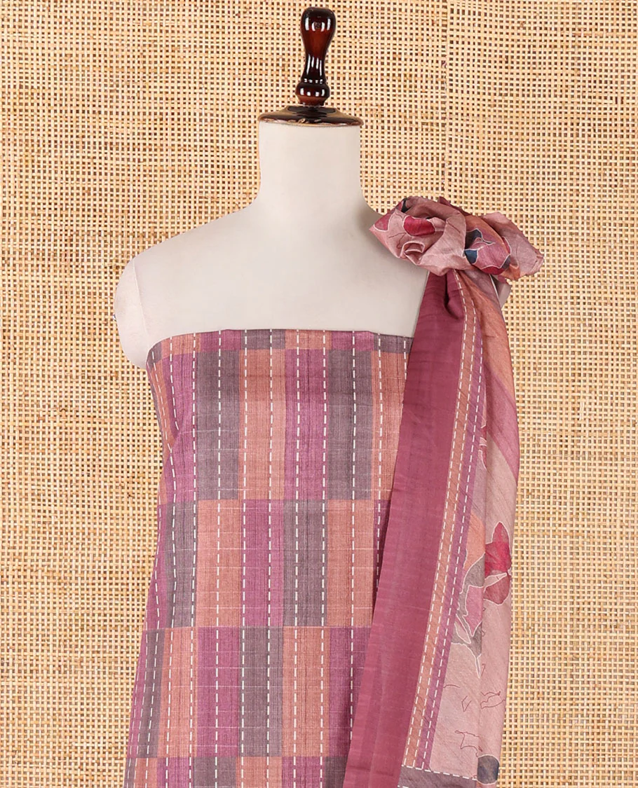 Onion pink semi-tussar material chudidar set,geometric & kantha print top,heathered plain bottom & dupatta of geometric & floral print - Image 4