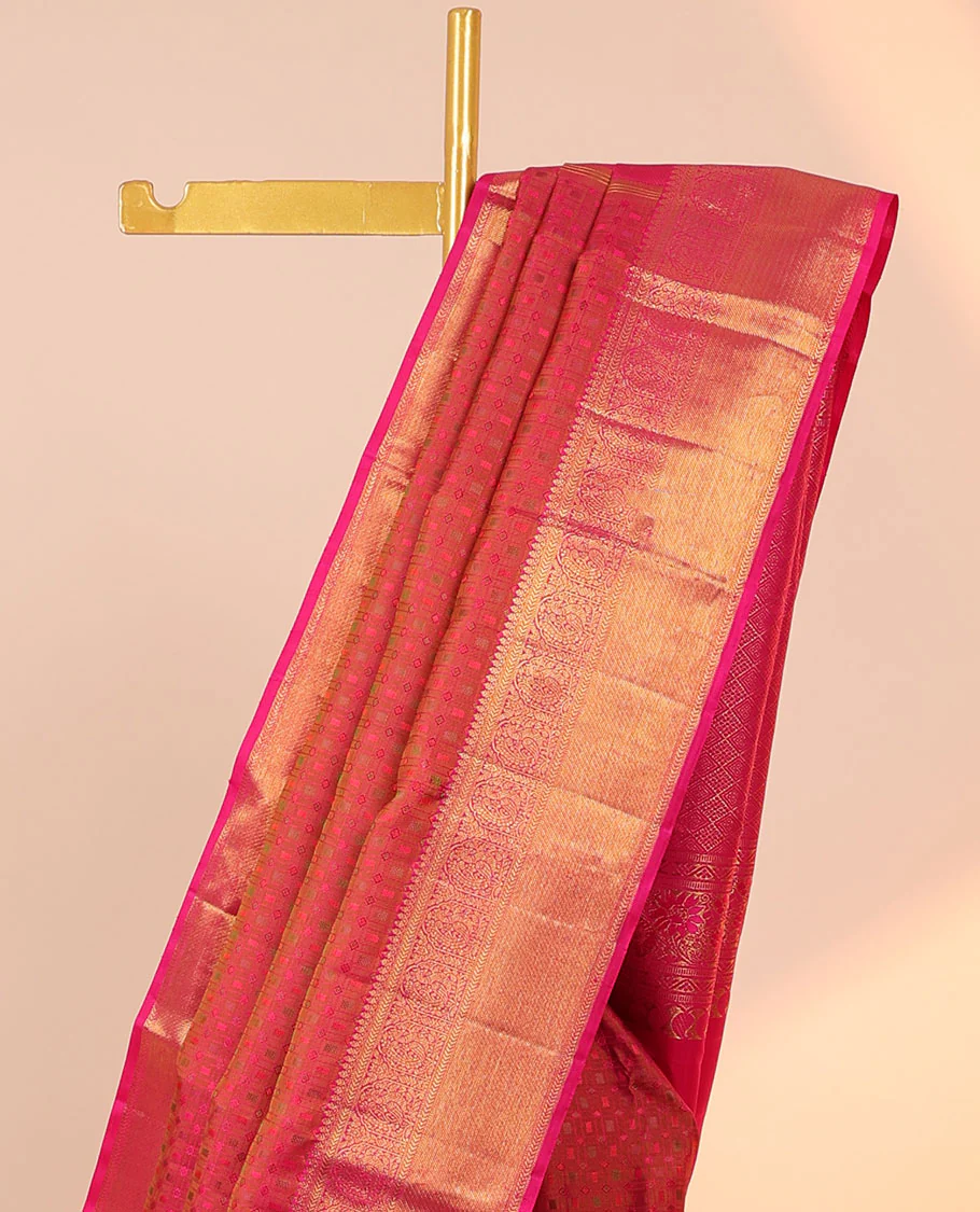 Orange embossed Parampara silk saree,contrast jaal design pallu & border of thilakam mokku,kathir,mayil & zari stripes - Image 3