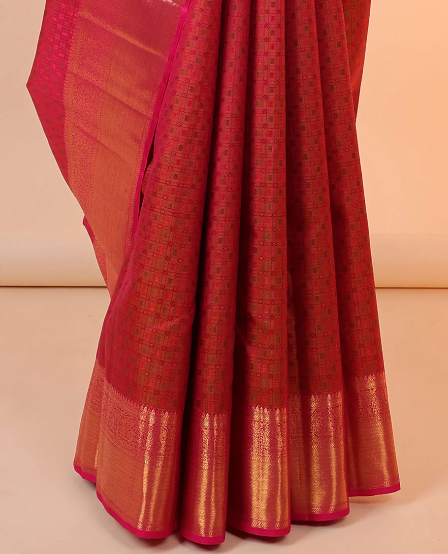 Orange embossed Parampara silk saree,contrast jaal design pallu & border of thilakam mokku,kathir,mayil & zari stripes - Image 4