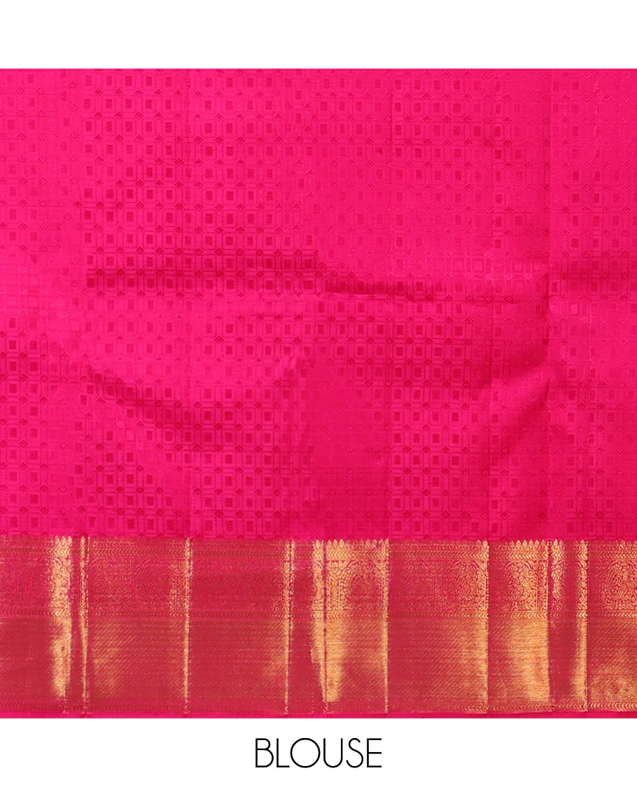 Orange embossed Parampara silk saree,contrast jaal design pallu & border of thilakam mokku,kathir,mayil & zari stripes - Image 5